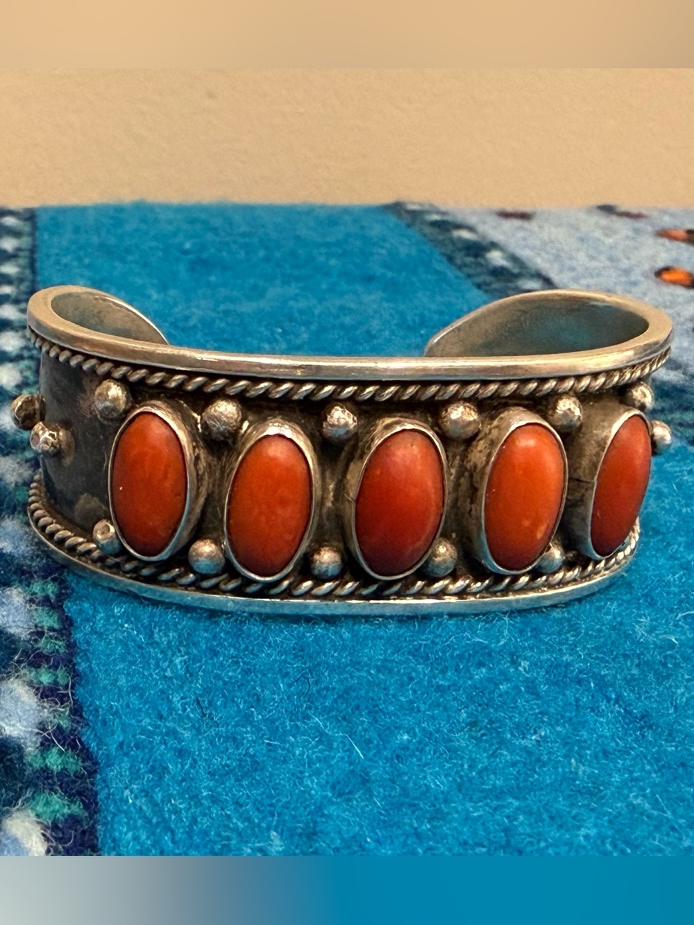 Vintage Sterling Silver Coral Cuff Bracelet